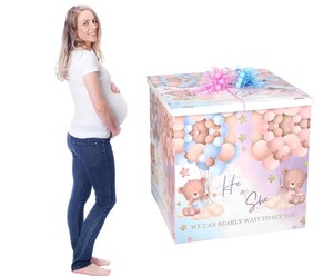 28in Giant Gender Reveal Gift Box with Lid Kit Oversized Gender Reveal Balloon Box Large Pull Bows for Baby Shower Birthday Party Decor(Boho Bear)
