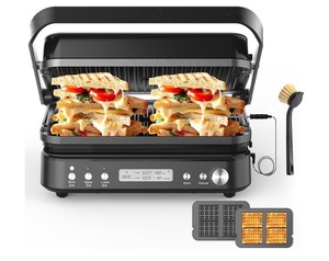 CATTLEMAN Panini Grill Press Sandwich Maker with Removable Plates, 1600W, 6 in 1 Waffle Maker & Electric Indoor Grill with Meat Thermometer, PFAS Free Ceramic Nonstick Reversible Plates, Opens Flat