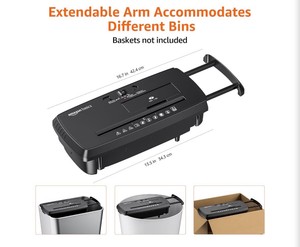 Amazon Basics 8-Sheet Strip Cut Portable Paper, CD, and Credit Card Shredder with Auto-Off, Overheat Protection, Compact Design, No Basket, Extendable Arm, Black