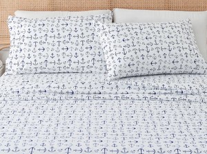 Coastal Printed Sheet Set - Newport Collection Anchor Pattern, Queen Sized Bed Shest Set, One Fitted Sheet, Flat Sheet and Two Standaed Pillow Cases