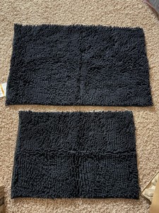 Two Black Bath Mats, Very soft and comfortable 32 x 20 and smaller mat is 24 x 16