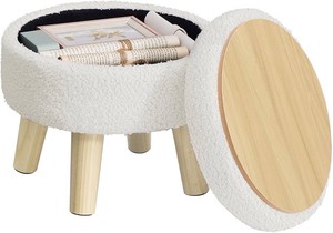 Storage Ottoman, Foot Stool, Foot Rest with Wood LegsSmall Table for Hallway, Living Room, 12.2 Inches, Teddy Fleece, White