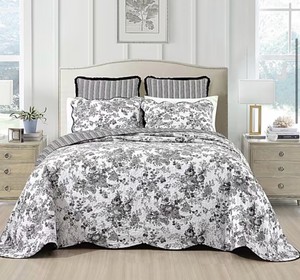 Queen - Laurel Manor Toile Garden Cotton Bedspread Black and White Floral - Retail $260