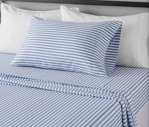 Amazon Basics Breathable, Brushed Microfiber Wrinkle Resistant 3 Piece Bed Sheet Set with 14-Inch Deep Pockets, Twin, Dusty Blue Pinstripe