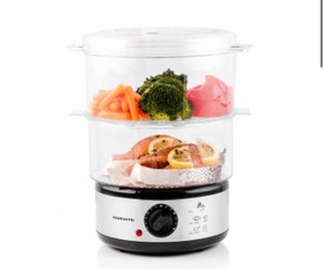 Ovente Electric Food Steamer Two Tiers Stainless Steel Base with 2 BPA-Free Containers and Time Control, 5 Quart Capacity, Healthy and Convenient Choice for Children and Seniors, Silver (FS62S)