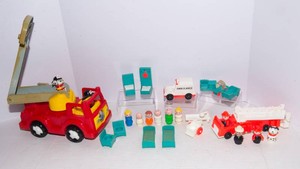 Various Vintage Fisher Price Items - Fire Trucks, Ambulance, and Fisher-Price Hospital Furniture