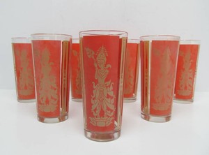 Matching Set of 8 Mid Century CULVER Red &amp Gold Thai Goddess Highball Drinking Glasses