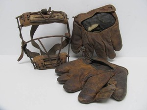 Lot w 2 Old Vintage Leather Baseball Gloves &amp Catchers Mask