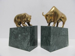 Very Cool Vintage Heavy Brass &amp Onyx Bull &amp Bear Statues or Bookends
