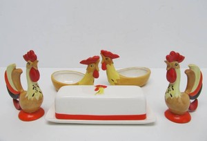 Vintage 1950s HOLT HOWARD Rooster Egg Cups, Salt &amp Pepper Shakers &amp Butter Dish
