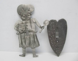 2 Vintage Artist Made Metal Light Switch Plates - Chef &amp Heart - Signed Drumm