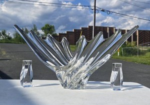 Great Looking Large Signed Crystal Centerpiece Bowl &amp Orrefors Candle Holders