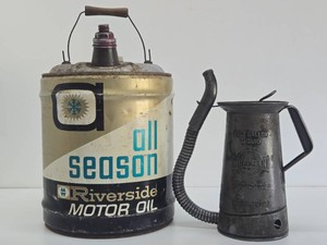 Vintage 5 Gallon Riverside Oil Can &amp 1930s era Huffman Oil Pouring Can&nbsp