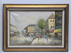 Large Framed Signed BURNETT Oil on Canvas Street Scene Painting