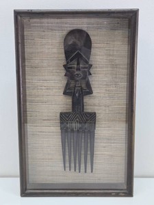 Framed Vintage Carved Figural African Luba Comb