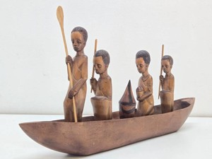 vintage Carved Wood African Boat wFigures