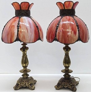 Excellent Quality Beautiful Matching Pair of Red  White Swirled Slag Glass &amp Brass Table Lamps