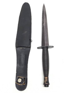 Old Vintage Stiletto Style Knife wSheath - Brass Ribbed Handle - 11.5