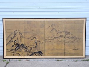 Large Early Antique Japanese 4-Panel Painting