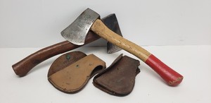 2 Very Nice Old Vintage 1950s era GIRL SCOUT Marked Plumb Hatchets wCovers