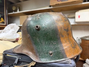 Genuine WW1 or WW2 German Helmet #1 w Leather Liner & Bullet Hole