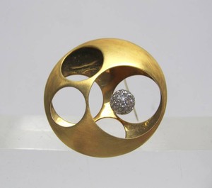 Artist Signed 18K Solid Gold Modernist Brooch Pendant wDiamonds