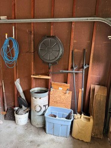Garage Storage Tools Mixed Lot - Hose, Tanks, Buckets & Poles