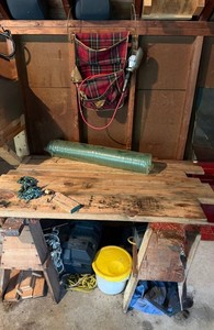 Workshop Storage Lot - Wooden Shelves, Straps, Rope & Buckets - contents unverified