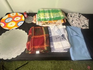 Home Decor Textile Mixed Lot - Harvest Linens, Trays, Bell & Glass Dish