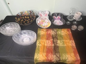 Decorative Glass, Bunny Cake Pans & Seasonal Decor Mixed Lot w Bride & Groom Glasses