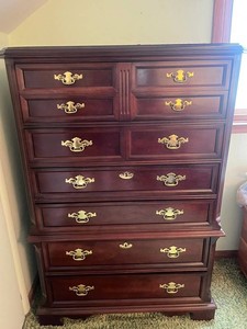 Bassett Chest of Drawers Solid Wood Dresser 58 X 38 X 20 in - furniture is upstairs and needs to be moved down by buyer