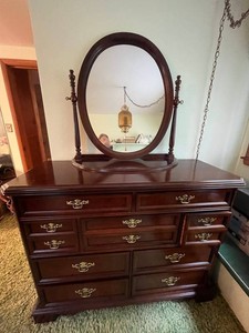 Bassett Cherry Mule Chest w Dresser Mirror 52 X 20 X 41 - furniture is upstairs and needs to be moved down by buyer