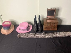 Vintage Fashion Accessories & Vanity Decor Estate Lot - Hats, Boots, Miniature Dresser