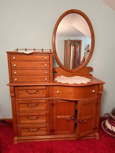 Vanity Dresser With Oval Mirror Wood Dresser Makeup Table -- furniture is upstairs and needs to be moved down by buyer