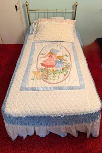 Twin Bed w Brass Headboard, Mattress, Quilted Bedspread, Blue Gingham Ruffle - furniture is upstairs and needs to be moved down by buyer