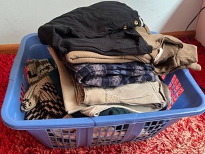 Mens Clothing Mixed Lot Eddie Bauer, Chaps, the North Face, Disney in Laundry Basket