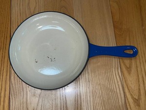 Enameled Cast Iron Skillet Size 8 Wide w Blue Handle