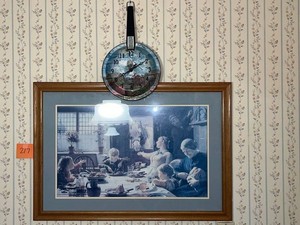 Framed Farmhouse Dinner Scene Print Wood Frame & Wall Clock (needs battery)