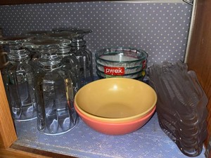 Glassware Mixed Lot - Pyrex Bowls, Stemmed Glasses & Amber Servers