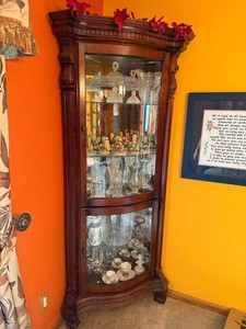 Curio Cabinet Ornate Wood & Glass Corner Display Cabinet - contents not inc