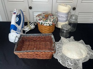 Vintage Home Decor Mixed Lot w Oreck Iron, Wicker Baskets, Throw, Jars & Lace