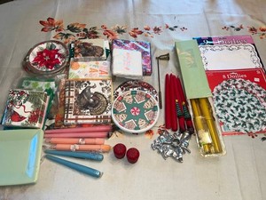 Christmas Table Decor Mixed Lot - Doilies, Candles, Napkins, Plates