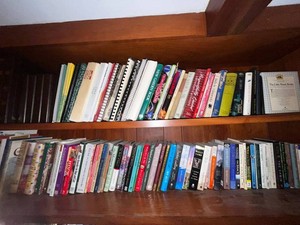 Books Mixed Lot - Assorted Fiction, Cookbooks & Reference - displayed on built in shelves
