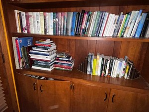 Books & Bird Bookends Estate Mixed Lot - displayed on built in shelves