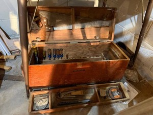 Antique Tool Chest Wooden Carpenters Box With Hand Tools