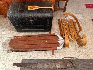 Antique Storage Chest, Wooden Sleds & Vintage Saws Estate Lot
