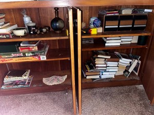 Cupboard Contents Inc VTG Cassette Holders, Books, Cool Wooden Decanter w 4 Matching Cups & More - cupboard not inc