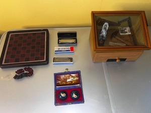 Vintage Collectible Estate Lot - Hohner Harmonicas, Chessboard, Shadowbox & Chinese Meditation Balls