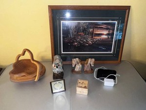 Framed Art Print Jim Hansel Wake-Up Call w VTG Collapsable Basket & Cool Bookends