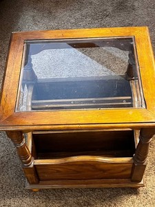 Glass Top End Table Wood Magazine Rack w Beveled Glass